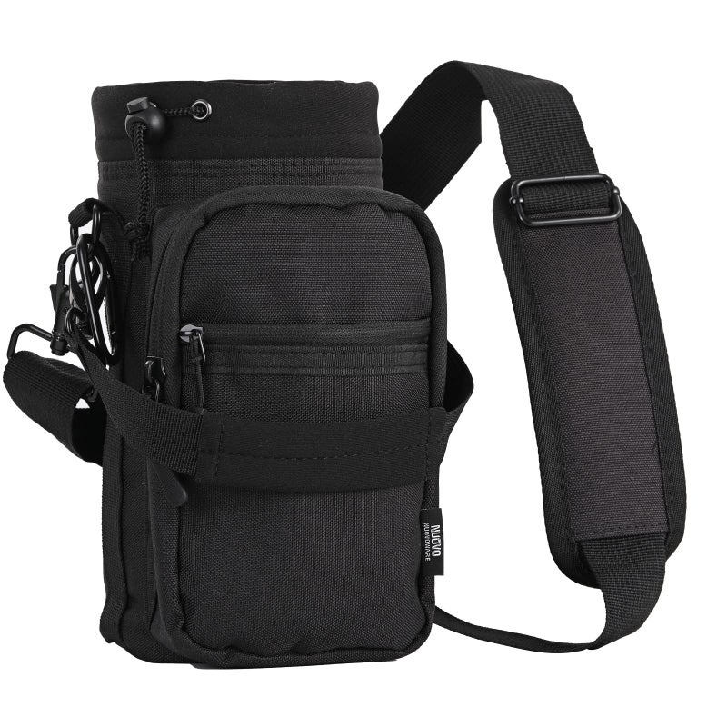 Nuovoware Water Bottle Carrier, 40oz Bottle Carrier Sports Water Bottle Holder with Adjustable Shoulder Strap, 2 Pockets Flask Sling Bag Drawstring Pouch for Climbing Hiking Walking, Carbon Black - Image 1