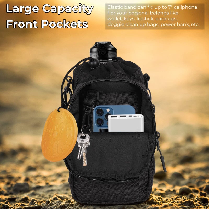 Nuovoware Water Bottle Carrier, 40oz Bottle Carrier Sports Water Bottle Holder with Adjustable Shoulder Strap, 2 Pockets Flask Sling Bag Drawstring Pouch for Climbing Hiking Walking, Carbon Black - Image 4