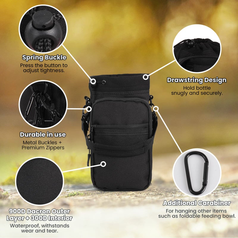 Nuovoware Water Bottle Carrier, 40oz Bottle Carrier Sports Water Bottle Holder with Adjustable Shoulder Strap, 2 Pockets Flask Sling Bag Drawstring Pouch for Climbing Hiking Walking, Carbon Black - Image 5