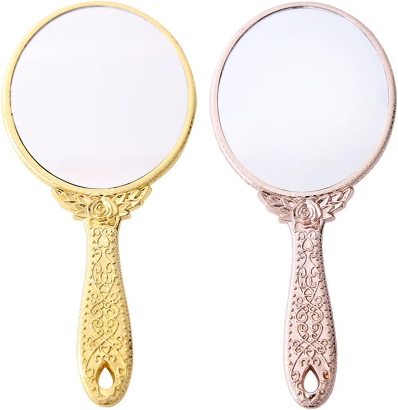 GALPADA 2pcs Vintage Round Handheld Makeup Mirrors with Decorative Rose Gold and Gold Handles, Portable Cosmetic Mirrors for Travel and Personal Beauty Use - Image 1