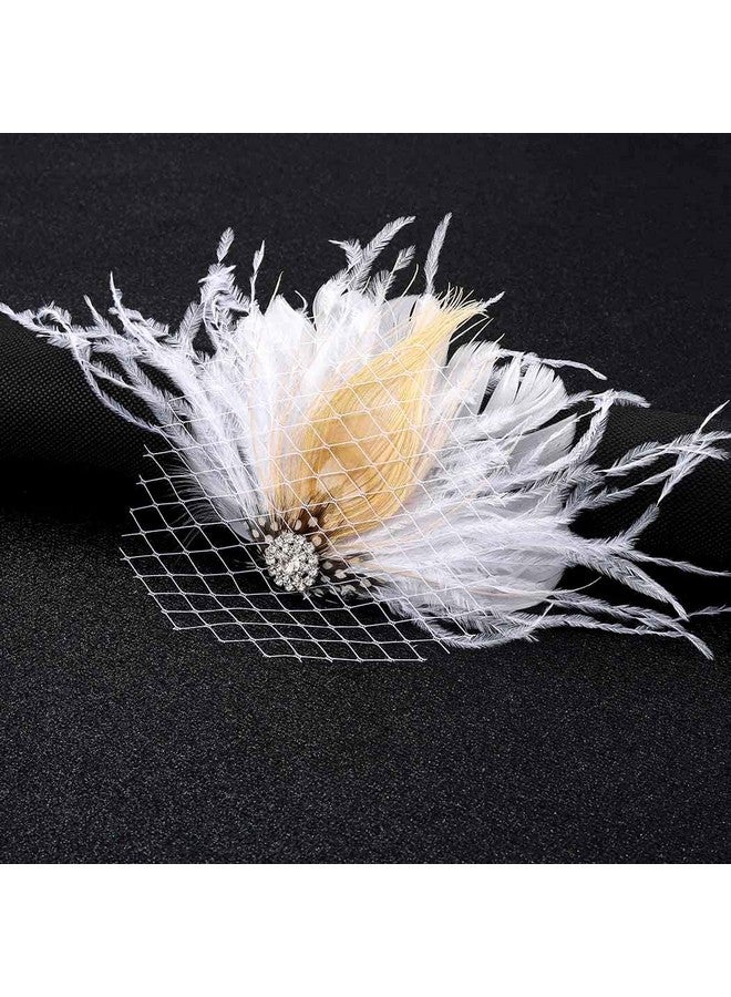 GENBREE Enbree Flapper Headband Wedding White Feather Hair Clip Rhinestone Gatsby Feather Headpiece Mesh Cocktail Hair Accessories For Women And Girls  - Image 3