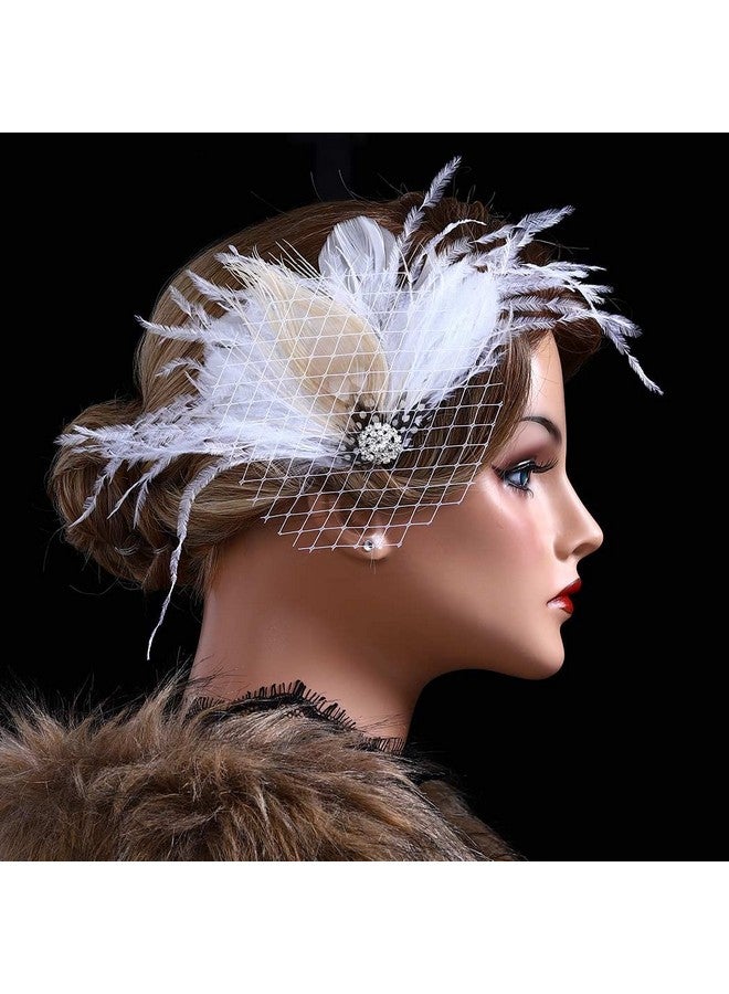 GENBREE Enbree Flapper Headband Wedding White Feather Hair Clip Rhinestone Gatsby Feather Headpiece Mesh Cocktail Hair Accessories For Women And Girls  - Image 4