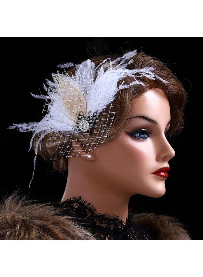 GENBREE Enbree Flapper Headband Wedding White Feather Hair Clip Rhinestone Gatsby Feather Headpiece Mesh Cocktail Hair Accessories For Women And Girls  - Image 2