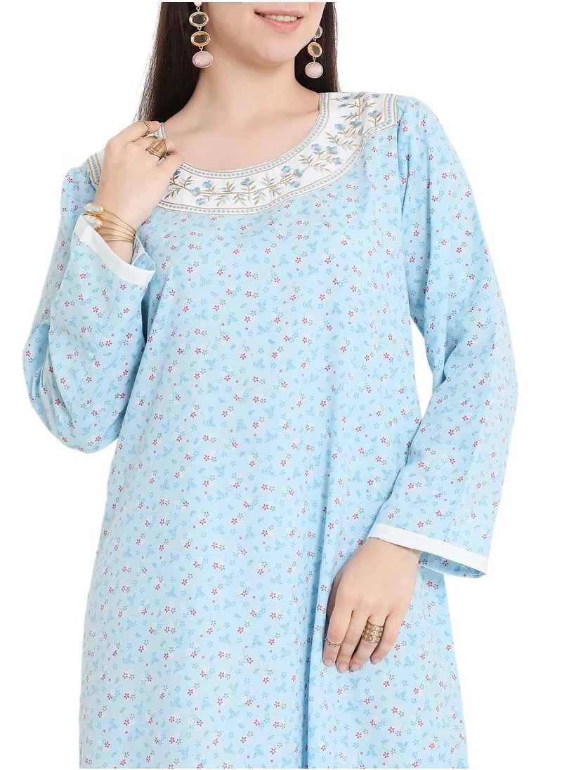 HANA & SARA SIMPLE FLOWER PRINTED WITH UNIQUE THREAD EMBROIDERY LONG ARABIC KAFTAN JALABIYA DRESS
