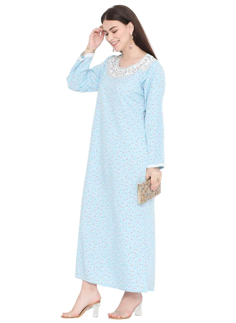 HANA & SARA SIMPLE FLOWER PRINTED WITH UNIQUE THREAD EMBROIDERY LONG ARABIC KAFTAN JALABIYA DRESS