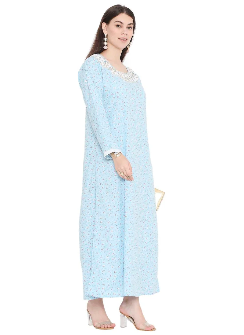 HANA & SARA SIMPLE FLOWER PRINTED WITH UNIQUE THREAD EMBROIDERY LONG ARABIC KAFTAN JALABIYA DRESS
