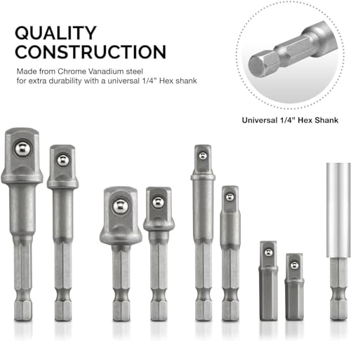 NEIKO 00257 Socket Adapter Extension DrillBit Set Includes 14 38 and 12Inch Drives Made with CrV Steel 9Piece Extension Set Includes a Magnetic Bit Holder - Image 3