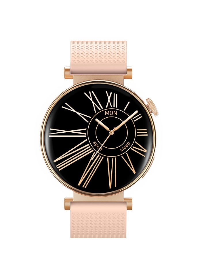 HEATZ 1.32'' AMOLED Smart Watch, Blood Pressure Watches for Women, IP68 Waterproof Heart Rate Monitor Blood Oxygen Tracking, Comes with a Gold Metal Strap and a Pink Silicone Strap & Brown lather strap Queens Edition  - Image 1