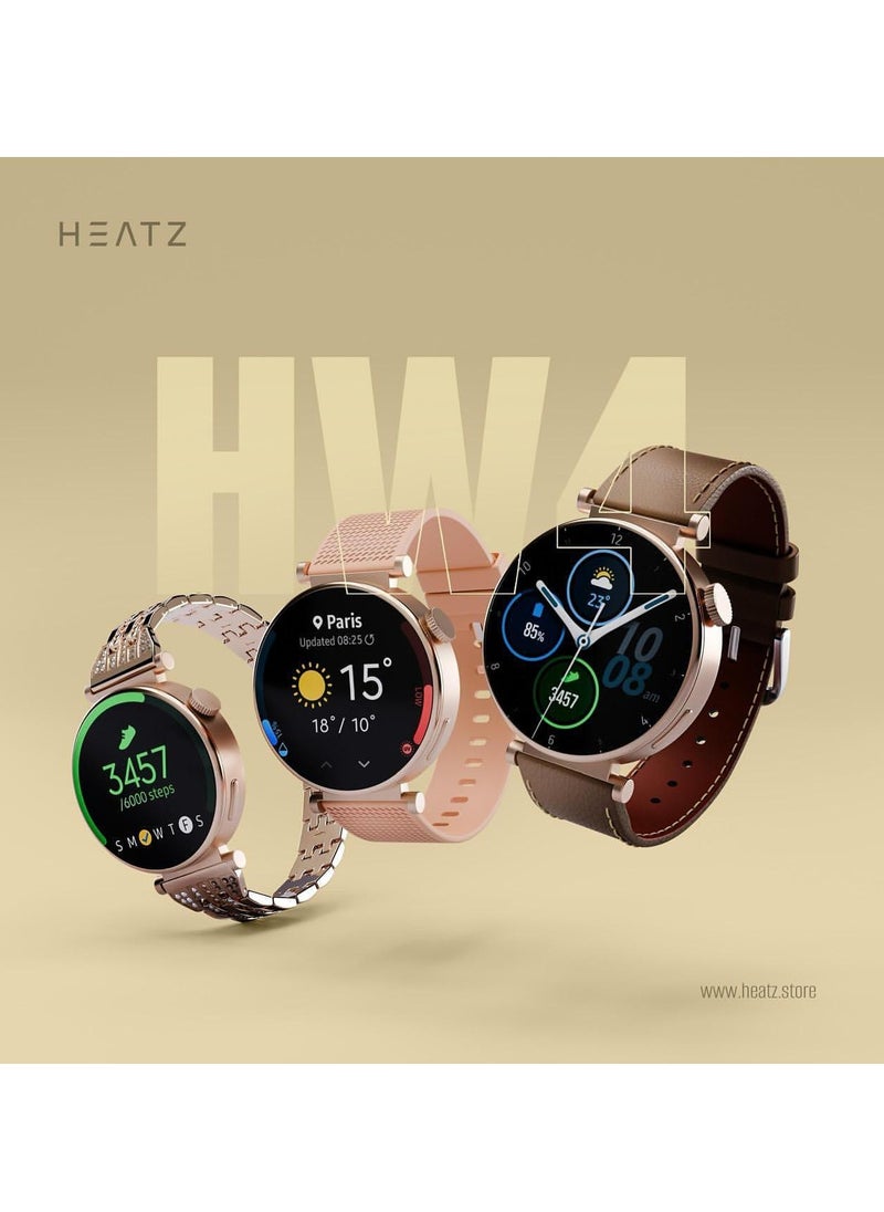 HEATZ 1.32'' AMOLED Smart Watch, Blood Pressure Watches for Women, IP68 Waterproof Heart Rate Monitor Blood Oxygen Tracking, Comes with a Gold Metal Strap and a Pink Silicone Strap & Brown lather strap Queens Edition  - Image 5