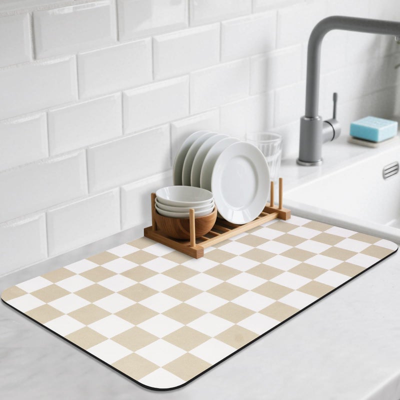 CooRug Checkered Dish Drying Mat for Kitchen Counter, Absorbent Non-Slip Coffee Mat, Heat Resistant Mat for Countertops Coffee Bar Decor 12" x 20" Khaki - Image 1