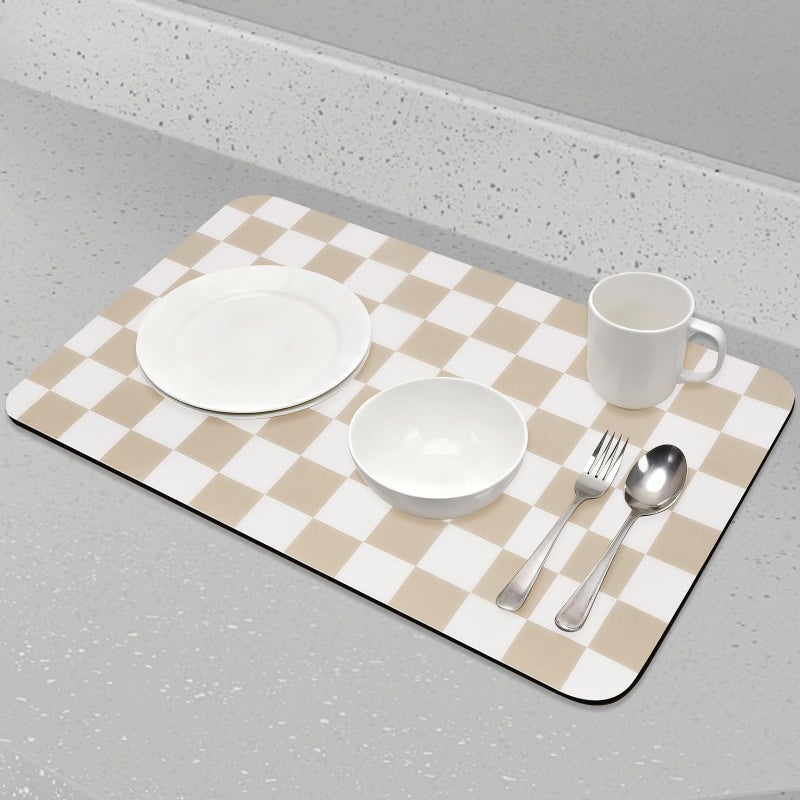CooRug Checkered Dish Drying Mat for Kitchen Counter, Absorbent Non-Slip Coffee Mat, Heat Resistant Mat for Countertops Coffee Bar Decor 12" x 20" Khaki - Image 5