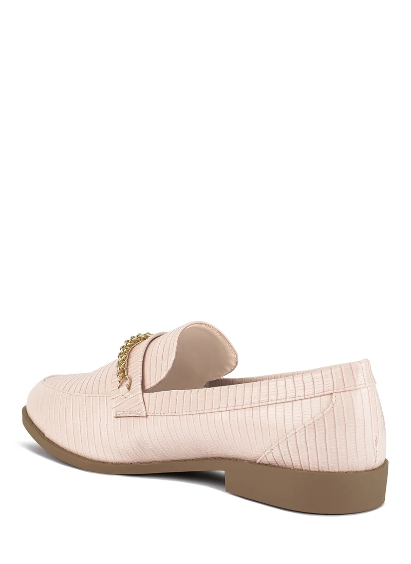 London Rag Nude Low Block Loafers Adorned with Golden Chain
