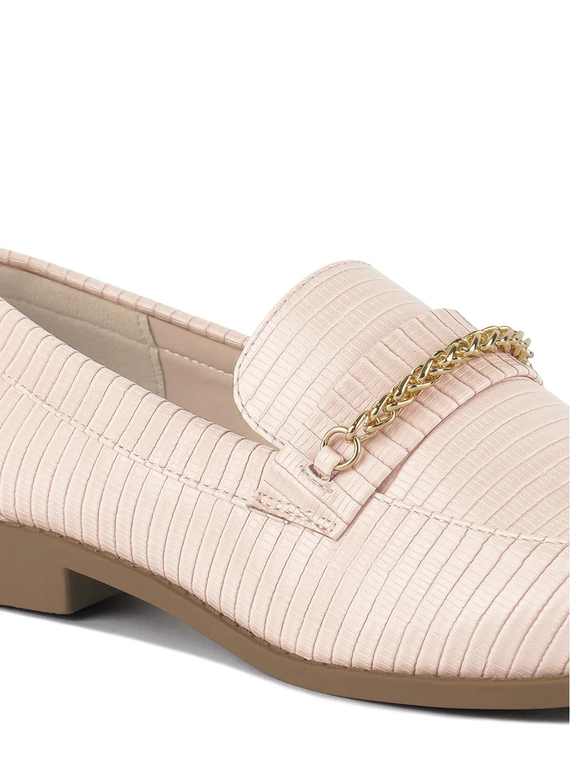 London Rag Nude Low Block Loafers Adorned with Golden Chain