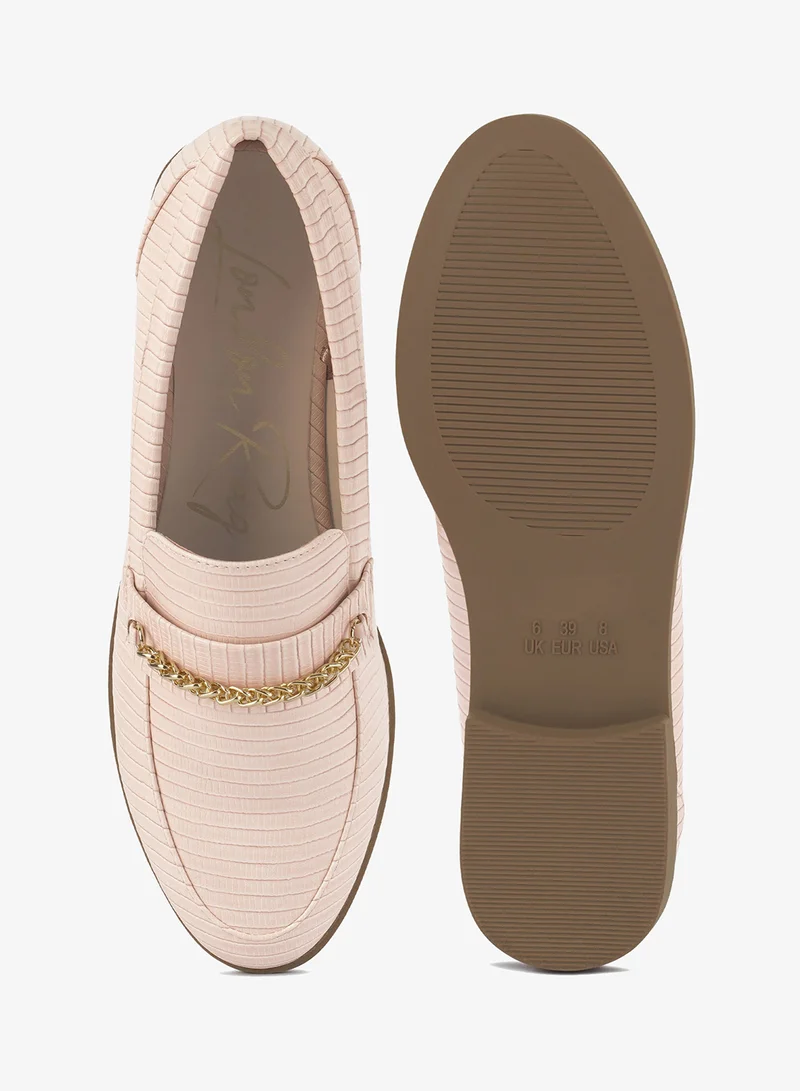 London Rag Nude Nude Low Block Loafers Adorned with Golden Chain for Women | Best Price UAE