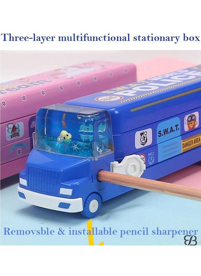 bluebell - Bluebell Magic Bus Pencil Box with Three Level Storage Capacity,Inside sharpner, Cartoon Printed,Multi-Functional School Bus Stationery School Box with Moving Tyre Gift for Boys 3-10 Years (Metal) - Image 1