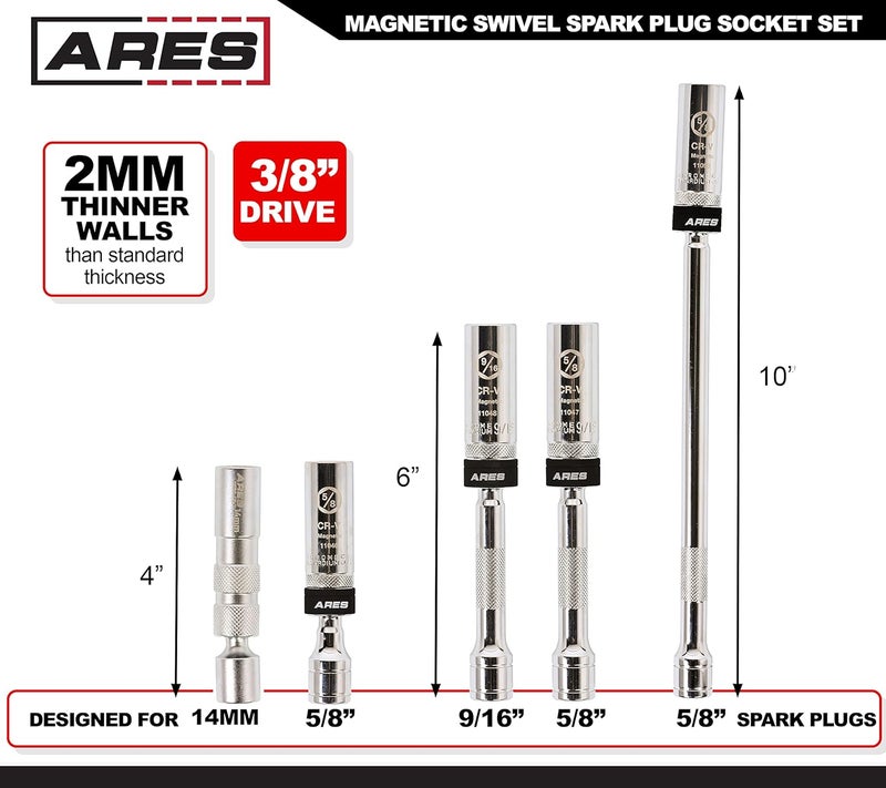 ARES 11052-طقم مفاتيح شمعات الإشعال المغناطيسية الدوارة 5 قطع - مفتاح جدار رقيق 14 مم، مفتاح تمديد 9/16 بوصة بطول 6 بوصات، ومفاتيح 5/8 مع تمديدات بطول 4 و6 و10 بوصات - حلقة تثبيت ثقيلة - Image 2