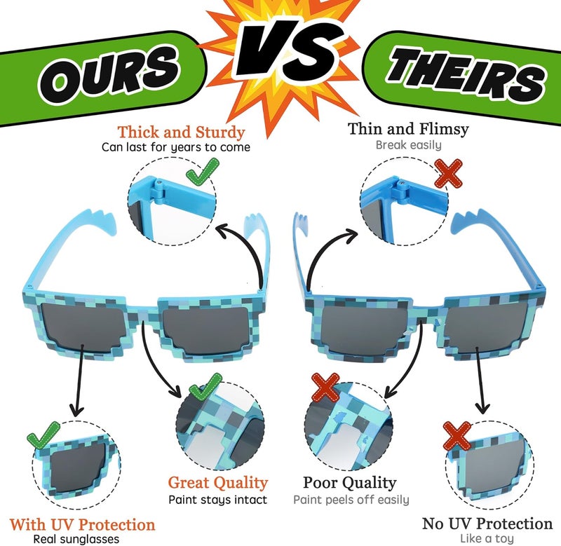 kilofly 2pc 8-Bit Pixel UV Protect Gamer Sunglasses Adult Kids Party Favors - Image 3