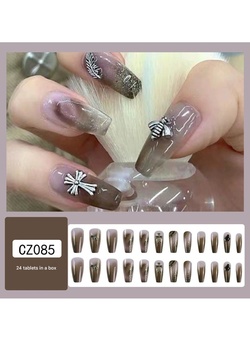 Goolsky Handmade Press On Nails – Feather Design Reusable Fake Nail Tips Luxury 3D Nail Art, 24pcs Elegant Party Style - Image 1