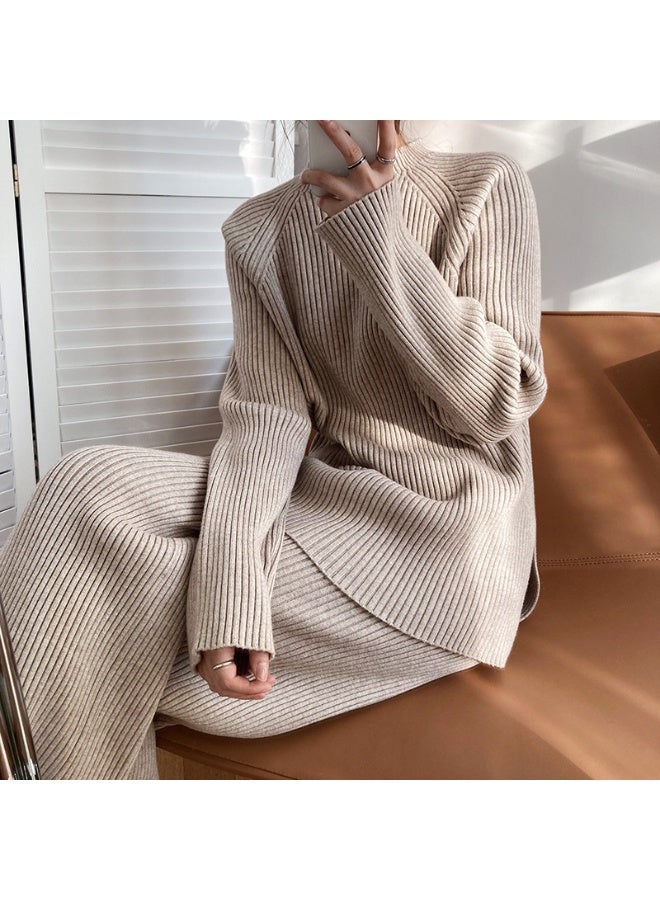 NIBEMINENT Two Piece Pant Sets Women Knit Thick Sweater Full Sleeve Stand Collar Casual Straight Trousers Solid Splice Autumn Winter - Image 2