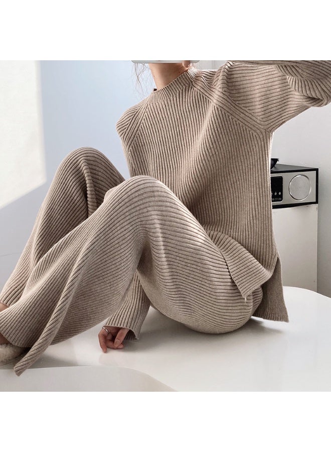 NIBEMINENT Two Piece Pant Sets Women Knit Thick Sweater Full Sleeve Stand Collar Casual Straight Trousers Solid Splice Autumn Winter - Image 1