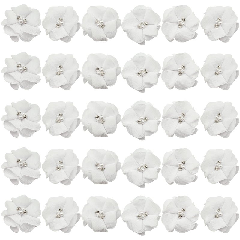 30pcs Rhinestone Chiffon Flower 2 Sewing Fabric Appliques for Clothing Craft Party Wedding Decor Tassel Topper Decoration Gift Wrapping Headbands Hair Accessories DIY White