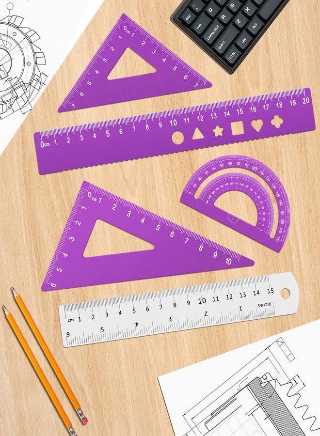Honagu Triangular Ruler Set, 4+1Pieces Aluminum Alloy Ruler, Metal Drafting Ruler, Geometric Protractor for Students, School Office Supplies (Purple, 20cm) - Image 5