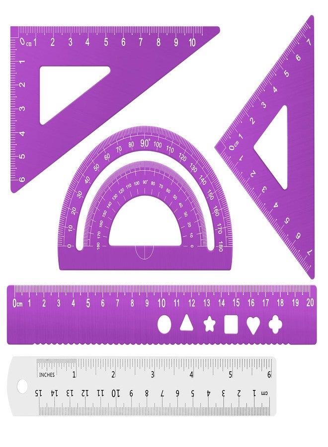 Honagu Triangular Ruler Set, 4+1Pieces Aluminum Alloy Ruler, Metal Drafting Ruler, Geometric Protractor for Students, School Office Supplies (Purple, 20cm) - Image 1
