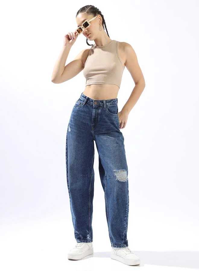 Women Balloon Fit High-Rise Light Fade Distressed Cotton Jeans