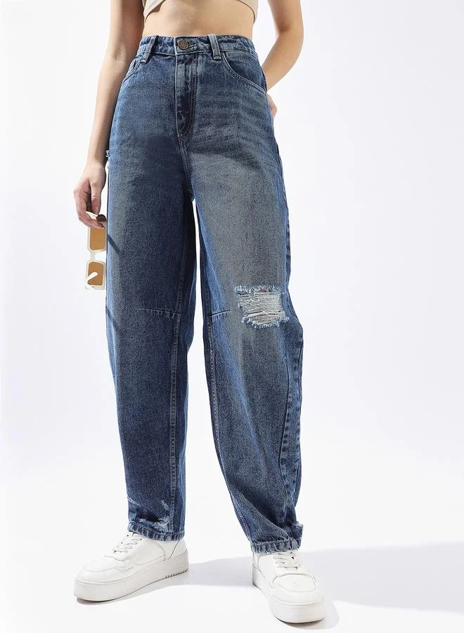 HIGH STAR Women Balloon Fit High-Rise Light Fade Distressed Cotton Jeans