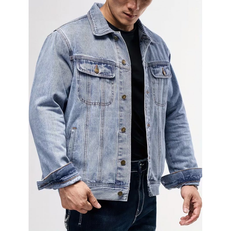Men's Slim Fit Denim Jacket Casual Button-Up Coat with Side Pockets in Multiple Colors - Image 1