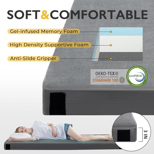 Kingfun مرتبة كينغ فن 3 إنش من فوم الذاكرة المعتمد من CertiPUR-US، وسادة نوم قابلة للطي مقاومة للماء للبالغين، حصائر نوم سميكة مريحة للأرضية للسيارة والشاحنة والخيمة مع حقيبة سفر قابلة للإزالة، سرير قابل للطي - Image 2