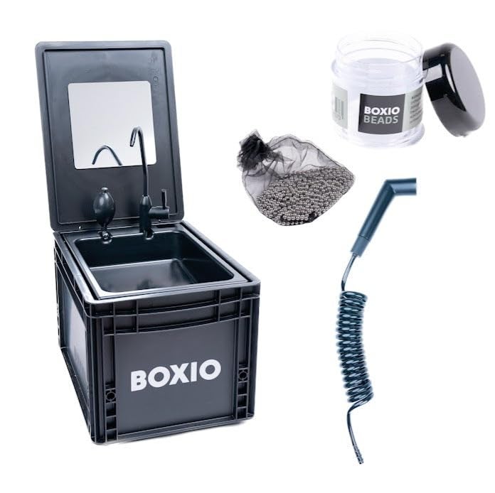 BOXIO WASH Plus Mobile Sink with Hand Pump Shower Head Mirror Cleaning Beads Sink for Van Camping Garden Sink with Tap Plastic Black