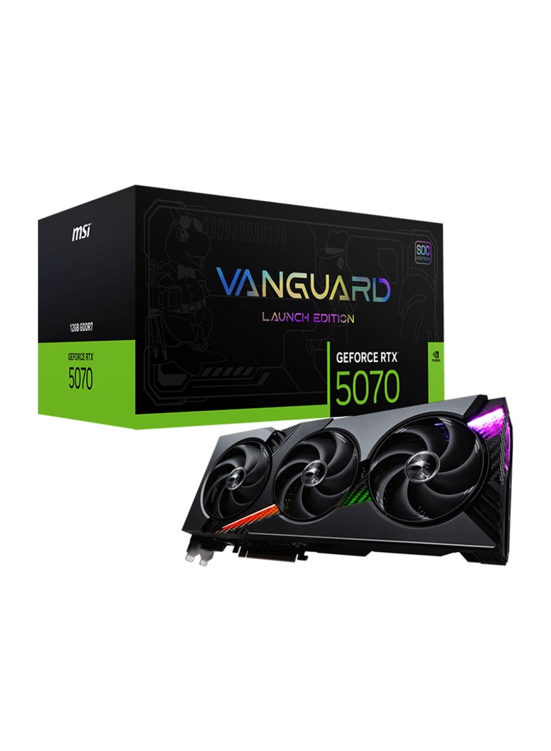 MSI GeForce RTX™ 5070 12G VANGUARD SOC - G5070-12VGS, NVIDIA GeForce RTX 5070 GPU, PCIe Gen 5, 6144 CUDA Cores, TBD Core Clocks, 12GB GDDR7 Memory (28 Gbps, 192-bit), DisplayPort 3x (v2.1b), HDMI 1x (4K 480Hz/8K 120Hz), HDCP Support, TBD Power Consumption, 16-pin Power Connector, DirectX 12 Ultimate, OpenGL 4.6, Maximum Displays: 4, G-SYNC Technology Grey  - Image 1