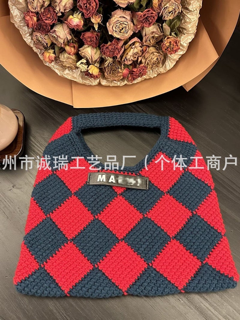 2025 Hand-Woven Checkerboard Knitted Bag Wool Handbag Korean Style Ins Rhombus - Image 2