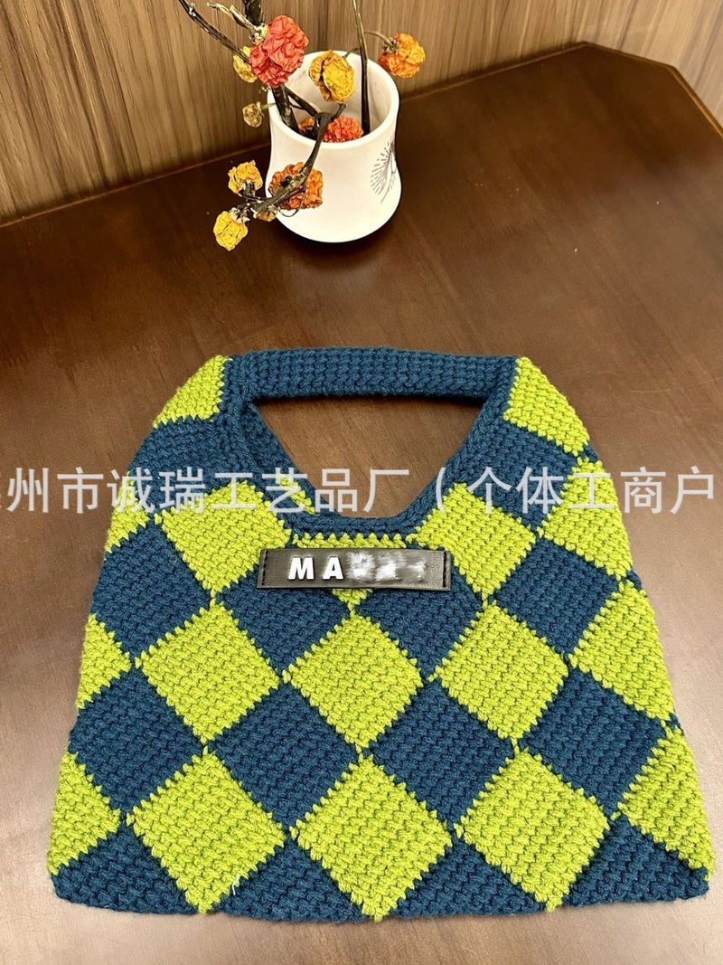 2025 Hand-Woven Checkerboard Knitted Bag Wool Handbag Korean Style Ins Rhombus - Image 3