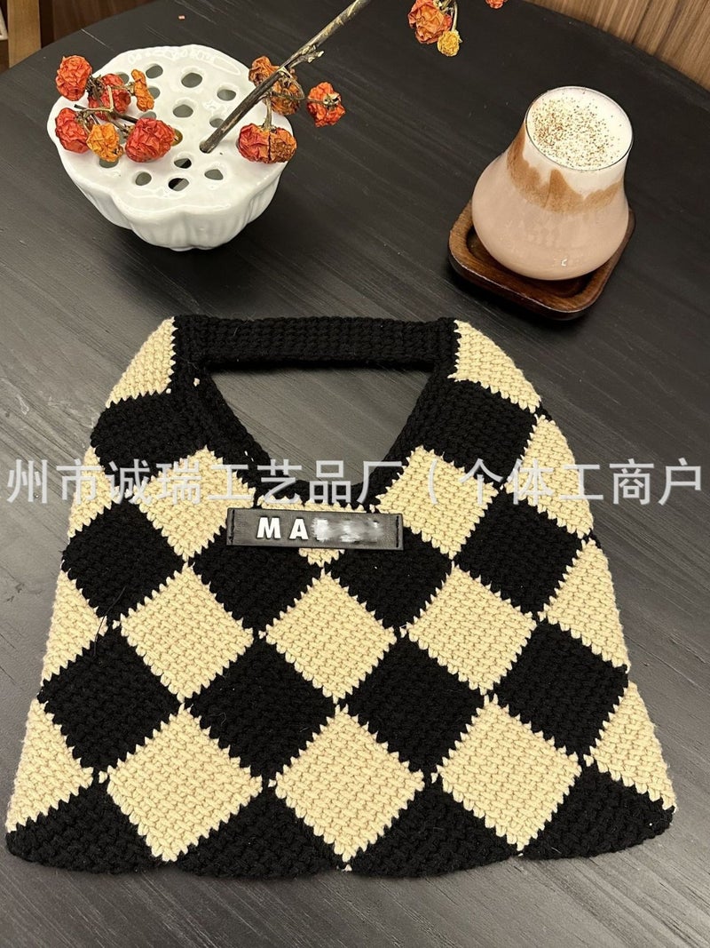 2025 Hand-Woven Checkerboard Knitted Bag Wool Handbag Korean Style Ins Rhombus - Image 4