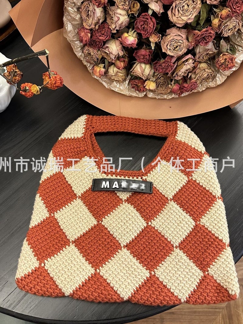 2025 Hand-Woven Checkerboard Knitted Bag Wool Handbag Korean Style Ins Rhombus - Image 5