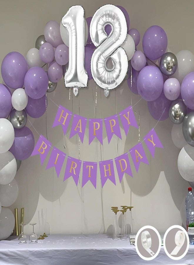 Flyloons 18th Birthday Decoration Items Purple and White Theme Combination for Boys Girls | 30 Pcs Purple White Silver Color Balloons | Purple Happy Birthday Banner | Arch Tape | Glue Dots - Image 1