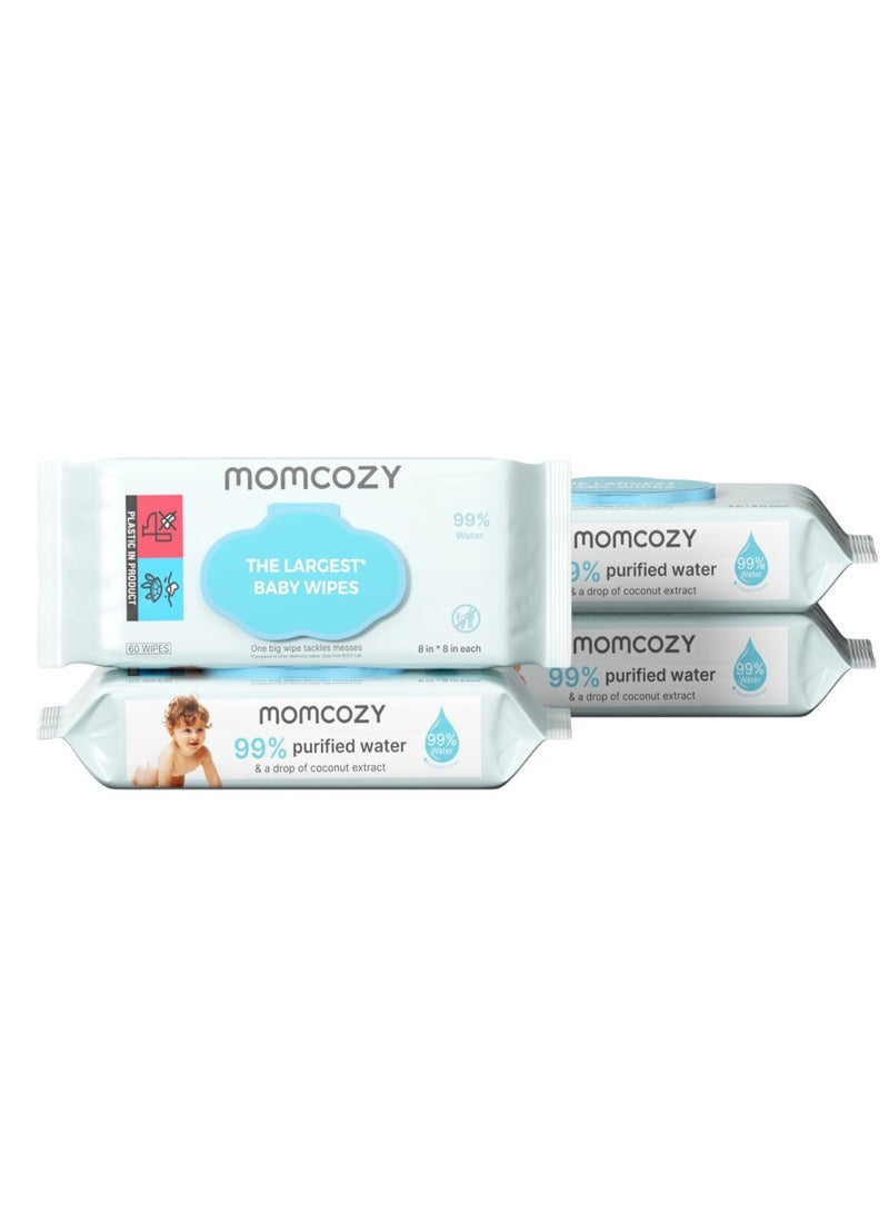 Momcozy مناديل مبللة للأطفال بتصميم كبير الحجم، تحتوي على 99% من الماء وخلاصة جوز الهند المتساقطة، مرطبة للبشرة الحساسة، 240 قطعة  - Image 1