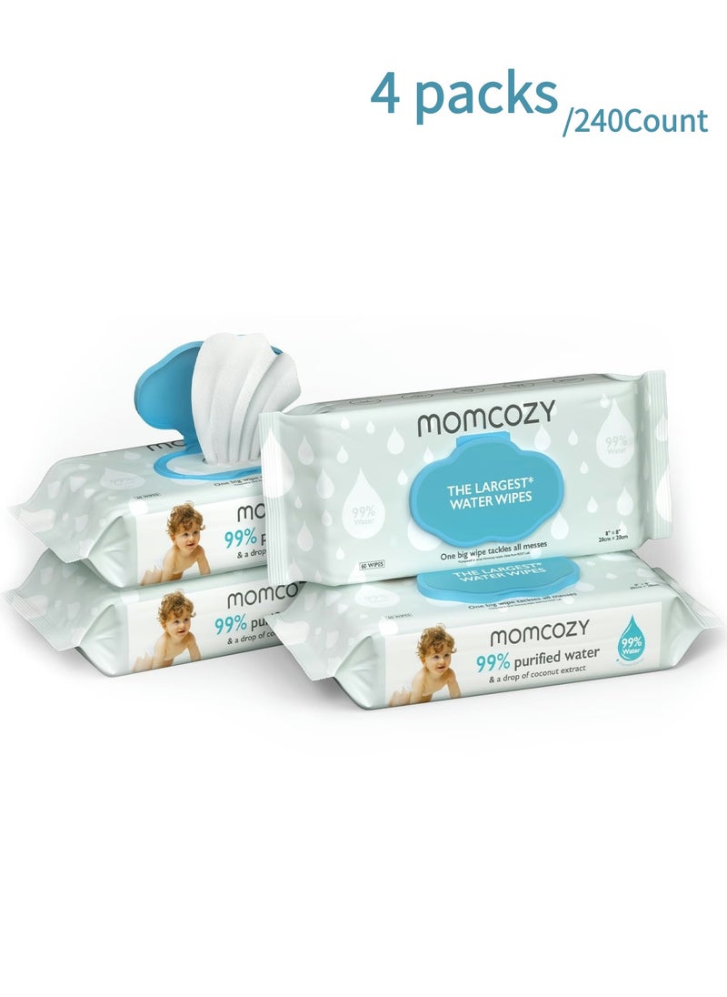 Momcozy - مناديل مبللة للأطفال بتصميم كبير الحجم، تحتوي على 99% من الماء وخلاصة جوز الهند المتساقطة، مرطبة للبشرة الحساسة، 240 قطعة - Image 1