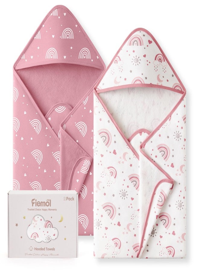FIEMOL Hooded Baby Towels for Newborn,100% Cotton Baby Bath Towels with Hood for Infant Toddler Girl, 2 Pack 32x32 Inch Soft & Absorbent Knit Terry Bath Essentials Pink Rainbow
