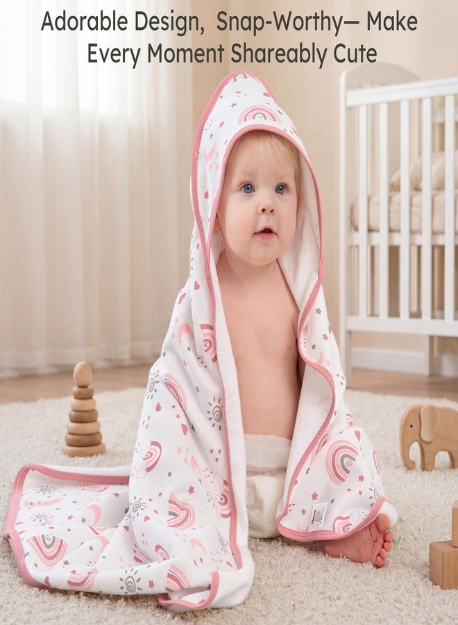 FIEMOL Hooded Baby Towels for Newborn,100% Cotton Baby Bath Towels with Hood for Infant Toddler Girl, 2 Pack 32x32 Inch Soft & Absorbent Knit Terry Bath Essentials Pink Rainbow - Image 4