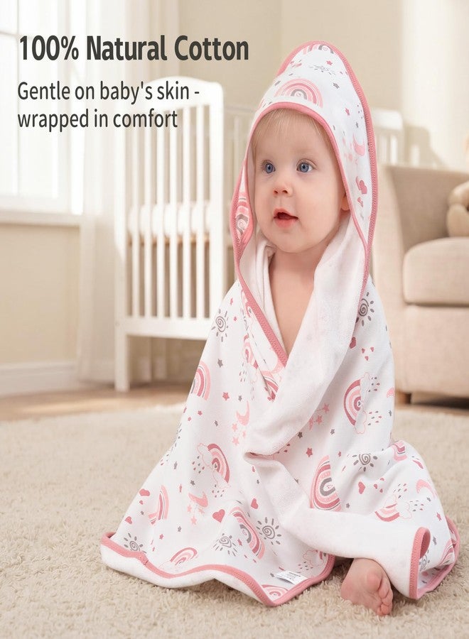 FIEMOL Hooded Baby Towels for Newborn,100% Cotton Baby Bath Towels with Hood for Infant Toddler Girl, 2 Pack 32x32 Inch Soft & Absorbent Knit Terry Bath Essentials Pink Rainbow - Image 2