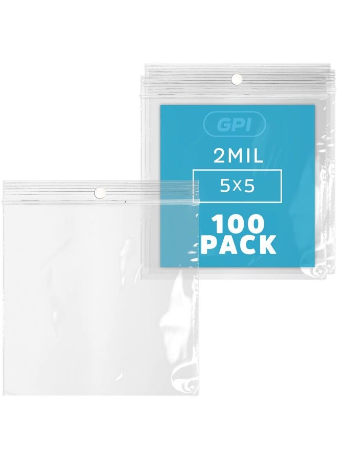 GPI POLY 5" x 5" - Bulk Pack 100, 2 Mil Thick, Clear Plastic Reclosable Zip Bags, Hang Hole for Display, Durable Poly Baggies with Resealable Zip Top Lock - Image 1