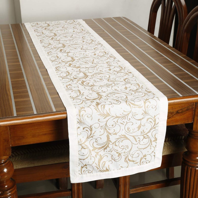 Dekor World Cotton Gold Printed White Table Runner (33x240cm) (Pack of 1 Piece)-8 Seater Dinning & Center Table (8 Seater (33x240cm), White) - Image 4