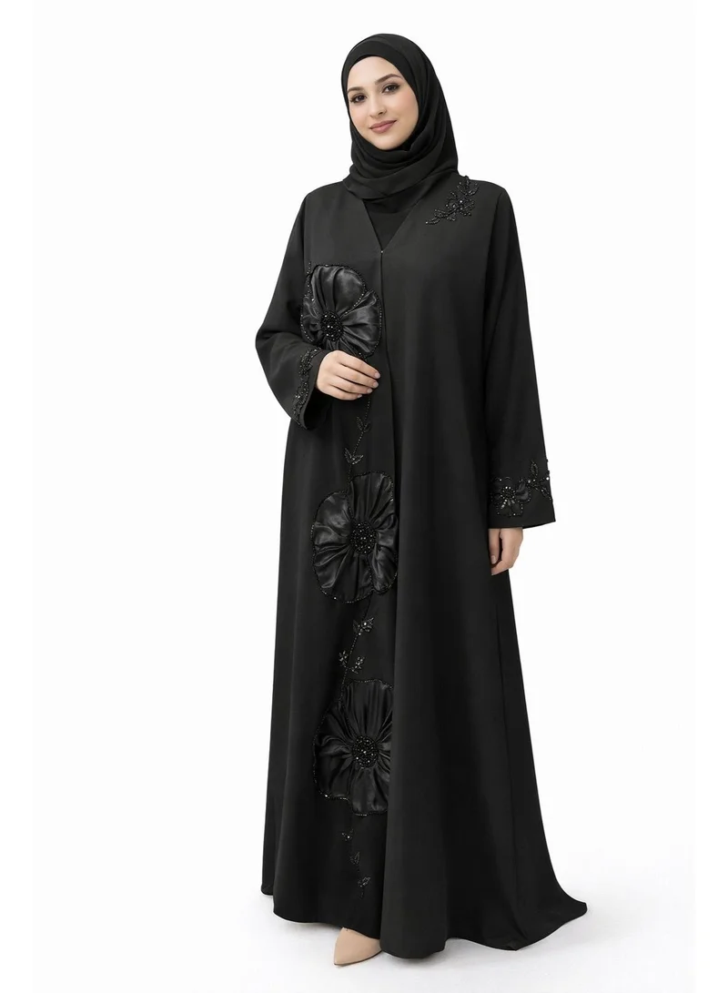 اوفيليا عباية سوداء فاخرة بتطريز زهور – تصميم دبي أنيق للمناسبات ورمضان والعيد