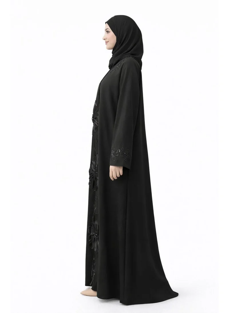 اوفيليا عباية سوداء فاخرة بتطريز زهور – تصميم دبي أنيق للمناسبات ورمضان والعيد