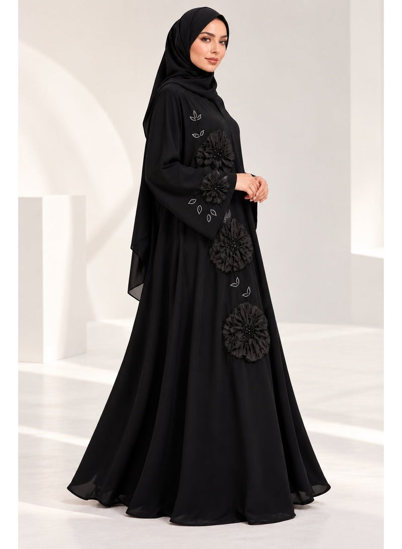 Ophelia Dubai Luxury Black Abaya with Floral Embroidery, Loose Fit, Premium Fabric, Formal & Occasion Wear - Image 5
