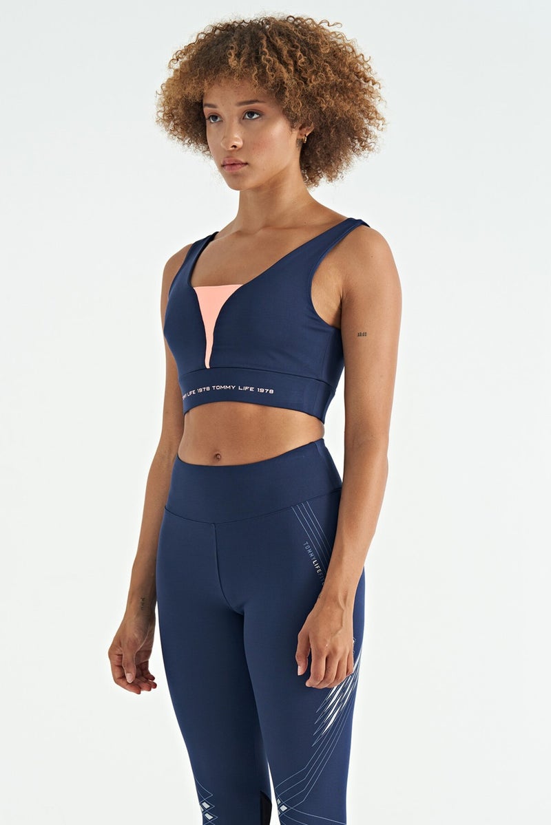 Indigo Text Printed Color Block Slim Fit Diving Fabric Women's Bustier - 97271