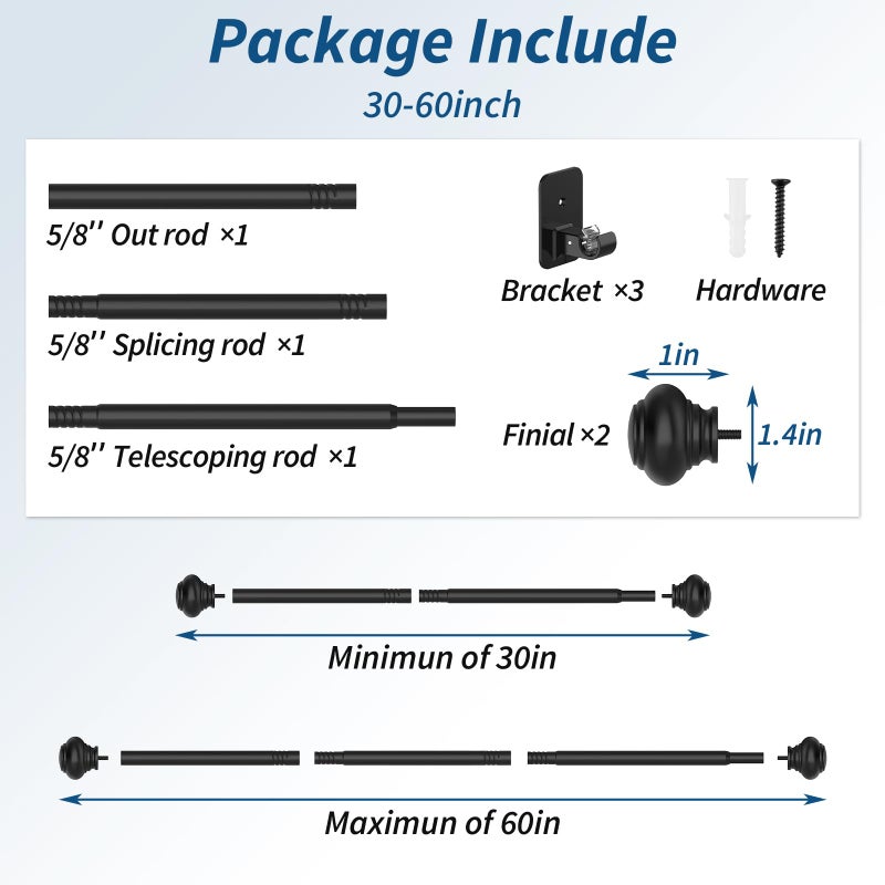 Authandis Black Curtain Rod for Windows 30 to 60 Inches,5/8 Inch Diameter Small Curtain Rods Set with Adhesive Brackets,Renter Friendly Adjustable Curtain Rods for Bedroom,Living room - Image 5